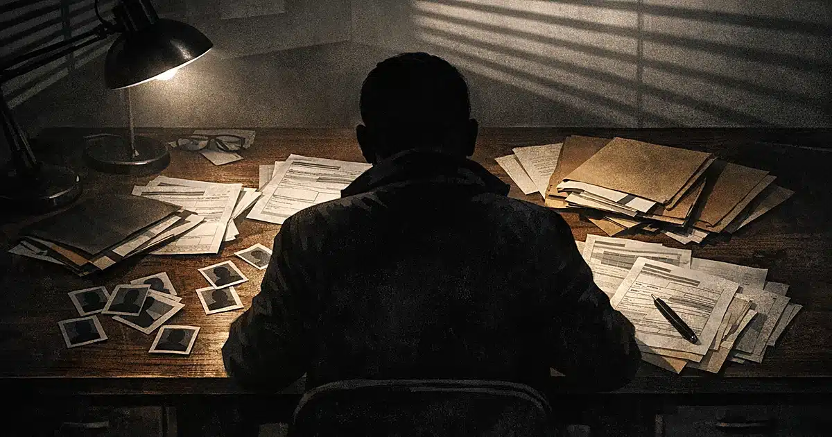 Silhouetted figure reviewing immigration documents and folders on desk under harsh lamp light in office setting