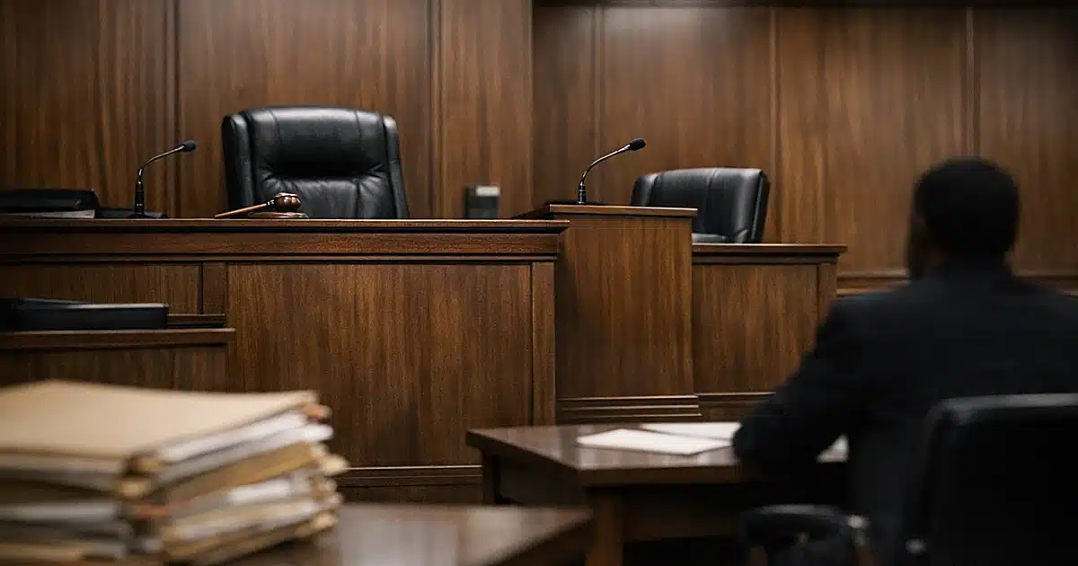 Empty federal immigration courtroom with judge's bench and witness stand under fluorescent lighting