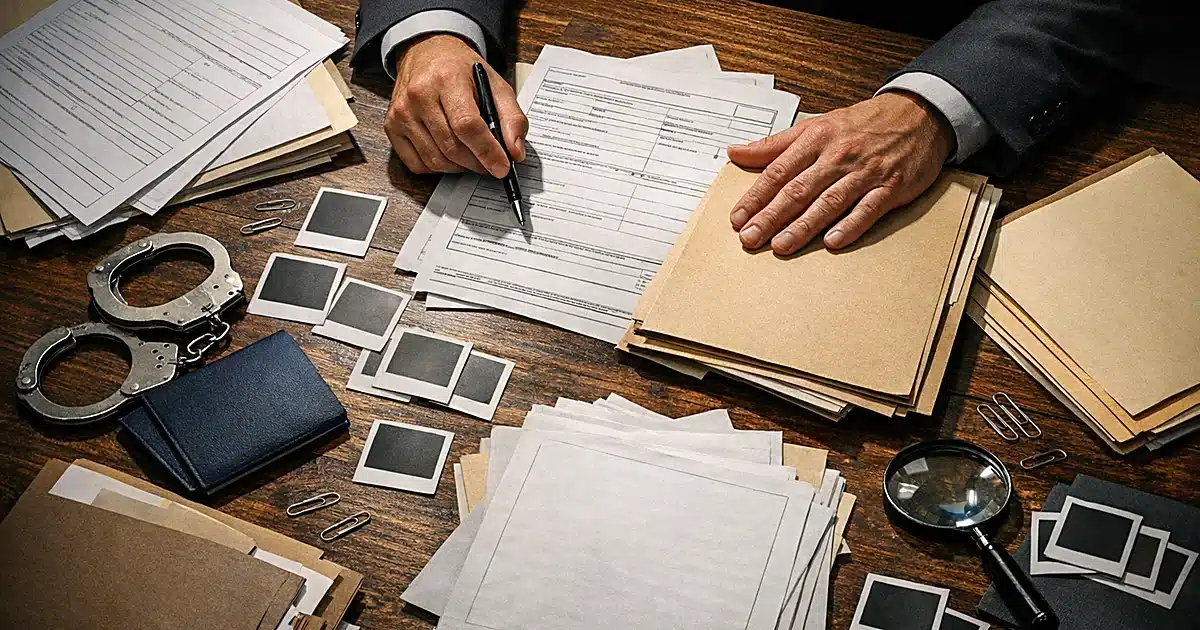 Overhead view of investigation documents and folders on table with silhouetted hands reviewing immigration paperwork