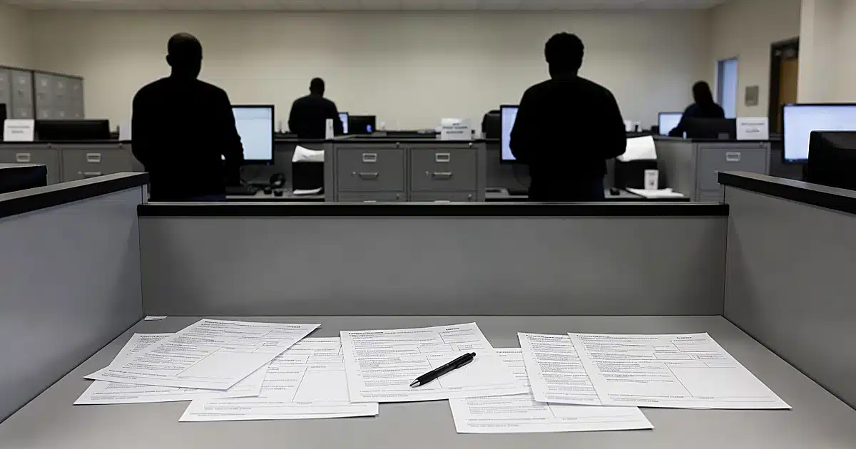 Election office interior with voter registration desk, scattered blank forms, and silhouetted workers in background