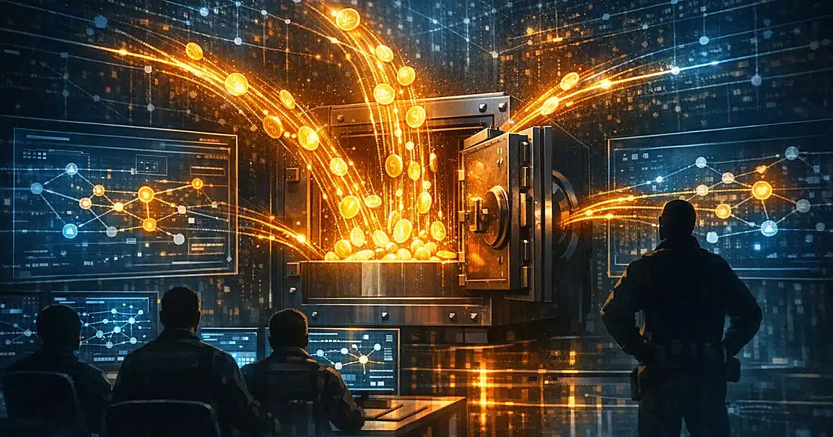 Digital cryptocurrency streams being intercepted and redirected into a secure vault in a dark monitoring environment