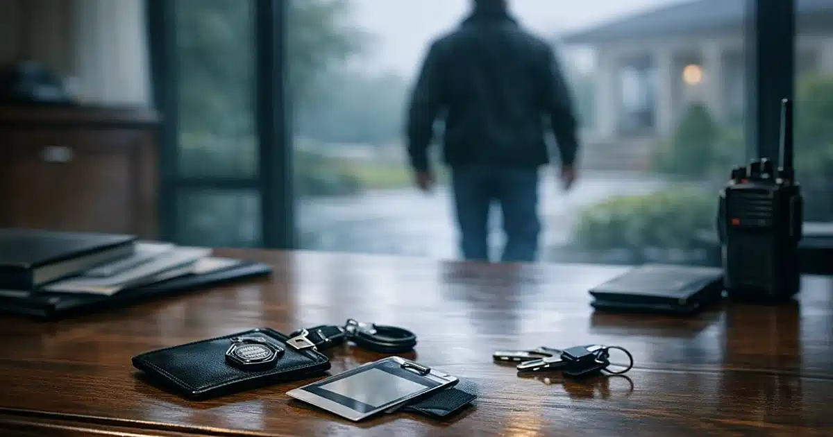 Security office desk with scattered credentials and silhouette of person walking away through window