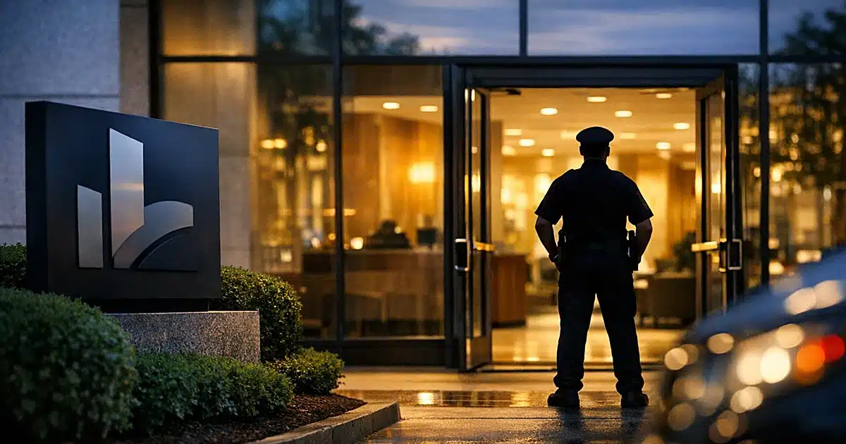 Security guard silhouette standing at corporate office entrance at dusk with glass doors and landscaping