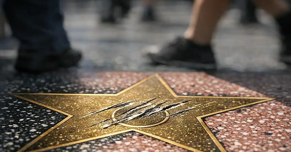 Scratched bronze star embedded in pink terrazzo pavement with deep gouge marks visible across surface