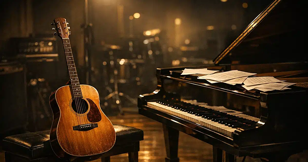 Acoustic guitar leaning against piano bench in dimly lit recording studio with scattered sheet music