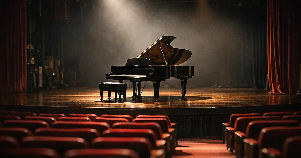 Empty Broadway theater stage with grand piano under spotlight, red seats in foreground