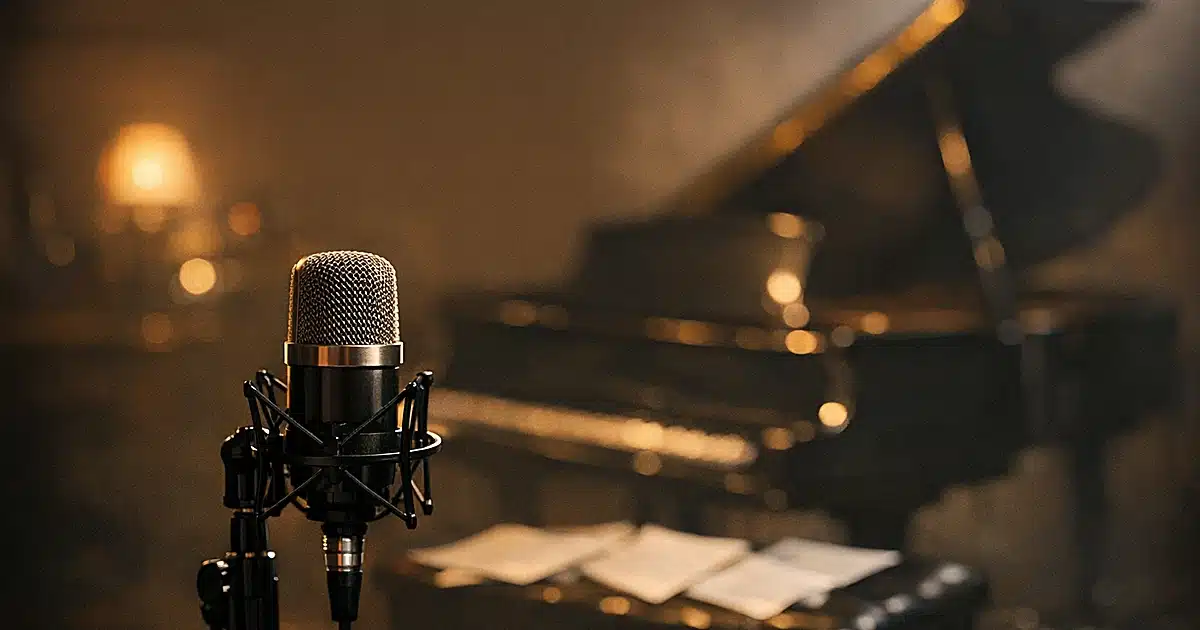 Empty recording studio with vintage microphone in focus and piano silhouette in background