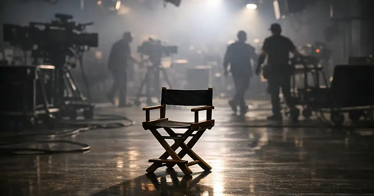 Empty child-sized director's chair on dark television studio set with silhouetted crew members in background