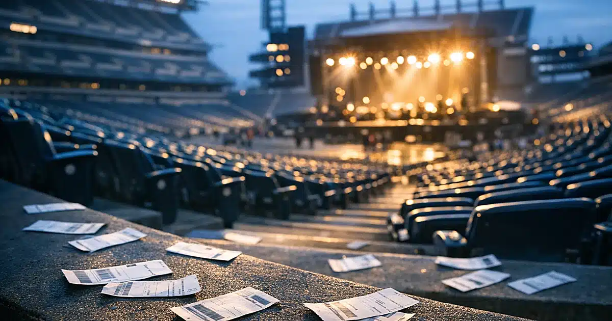 Empty stadium seats with scattered tickets on steps before a distant illuminated concert stage at dusk
