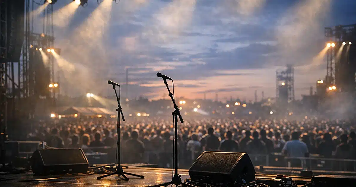Empty concert stage at dusk with abandoned equipment and silhouetted crowd in distance under dramatic lighting
