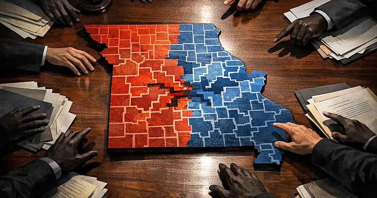 Overhead view of Missouri map with competing district boundaries and silhouetted hands reaching across courtroom table
