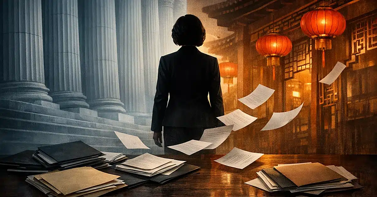 Silhouetted figure between American government architecture and Chinese architectural elements with scattered documents