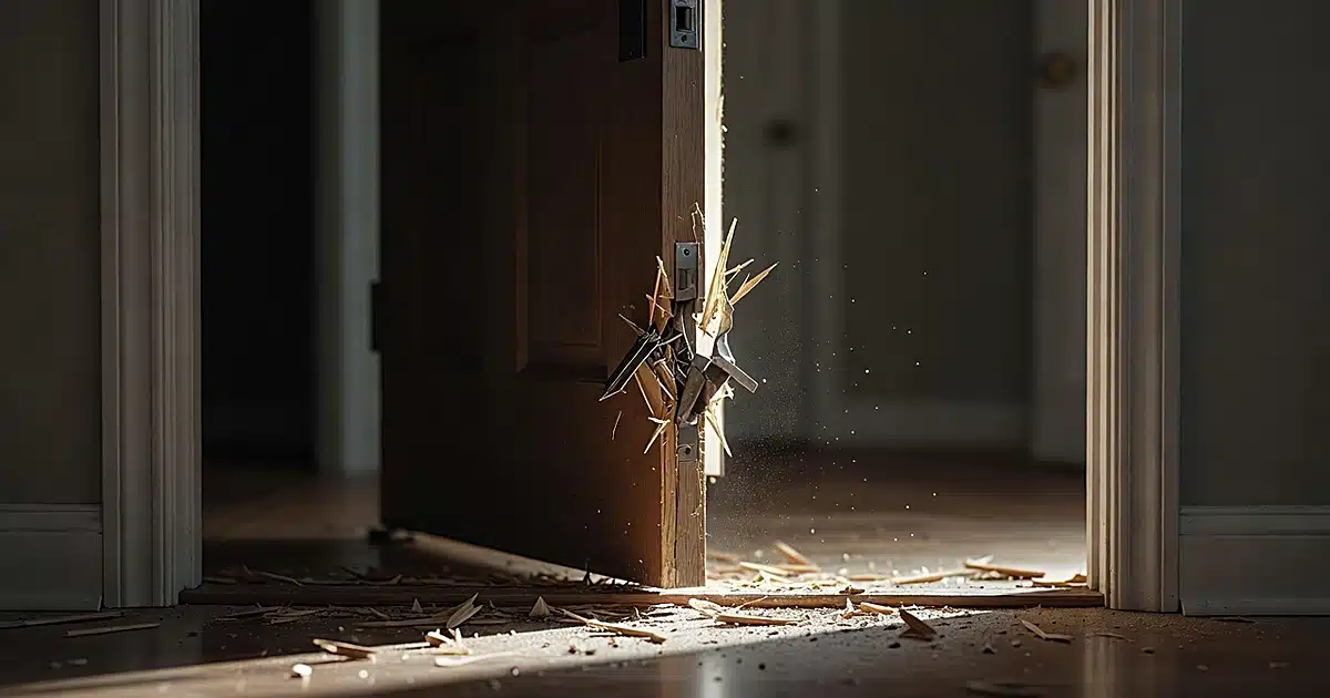 Damaged residential front door with splintered frame and broken lock after forced entry