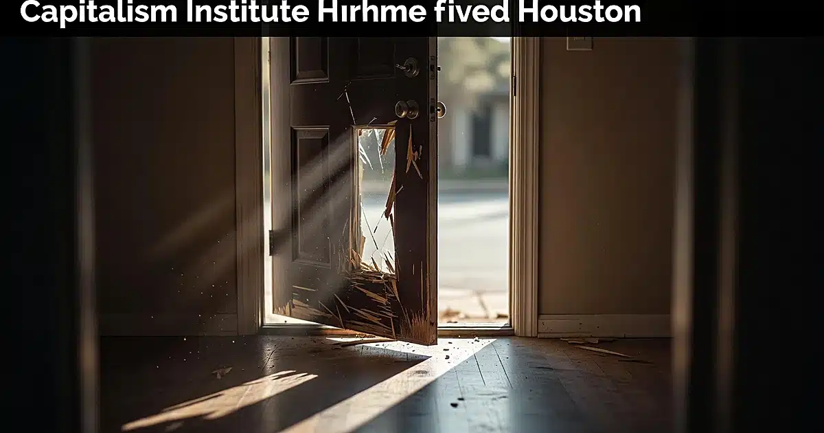 Damaged residential front door with splintered wood frame from forced entry, afternoon light streaming through