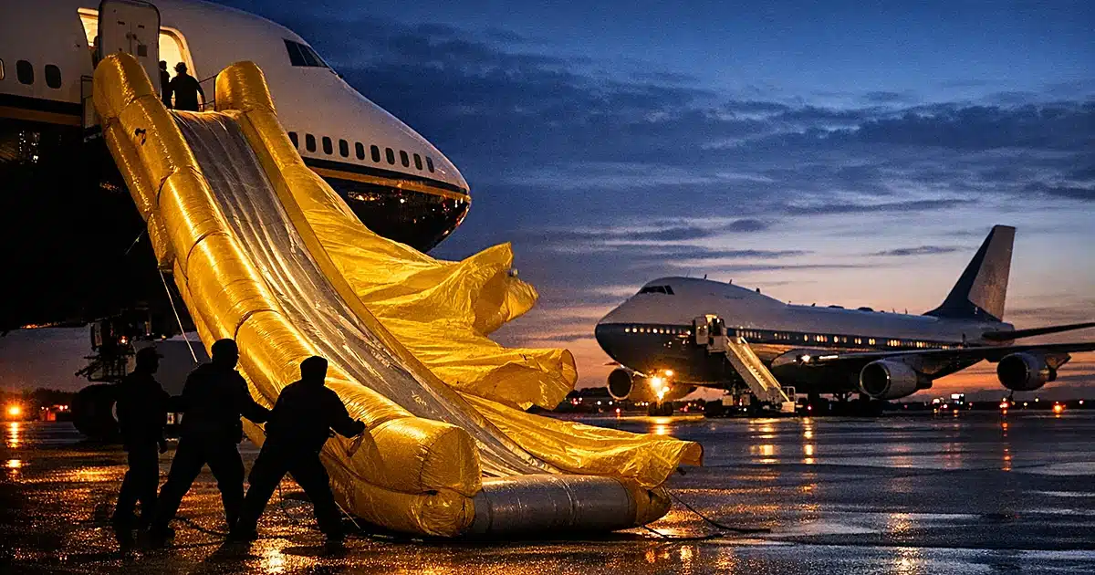 Emergency evacuation slide deployed and billowing in wind on airport tarmac at dusk beside aircraft fuselage
