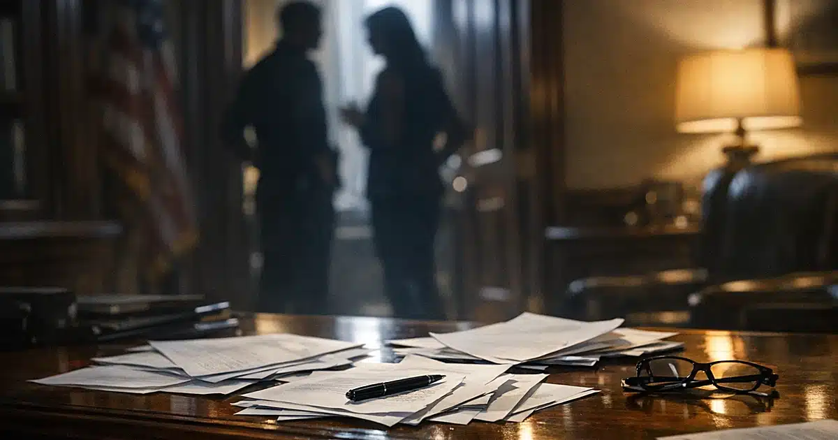 Congressional office interior with scattered documents on desk and silhouetted figures in background doorway