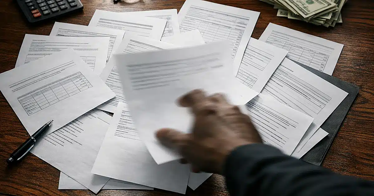 Financial disclosure documents scattered on congressional office desk with silhouetted hand moving papers