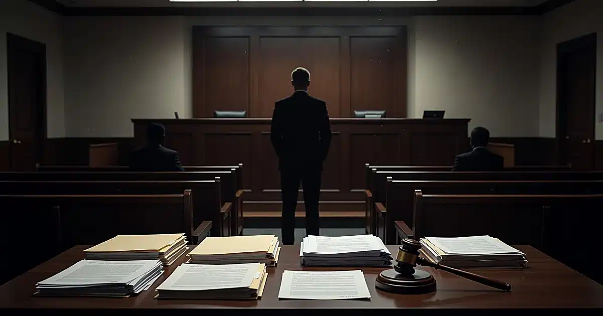 Silhouetted figure stands in courtroom with legal documents and gavel on table in dramatic lighting