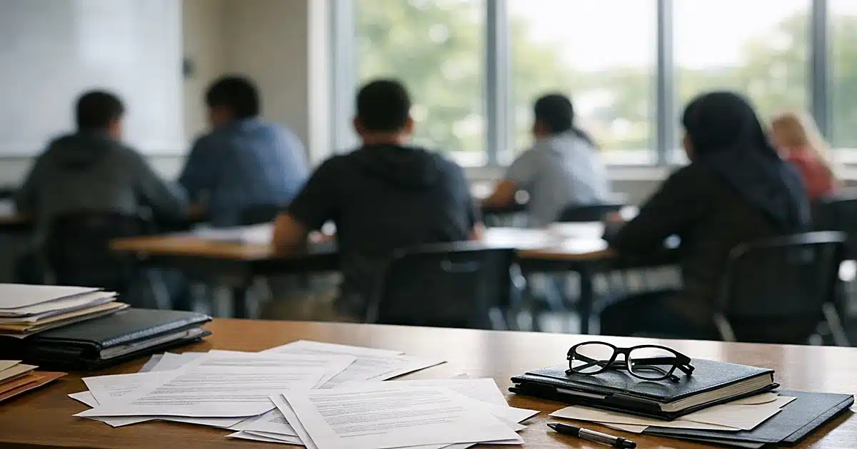 Classroom interior with scattered documents on teacher's desk and silhouetted students seated at desks