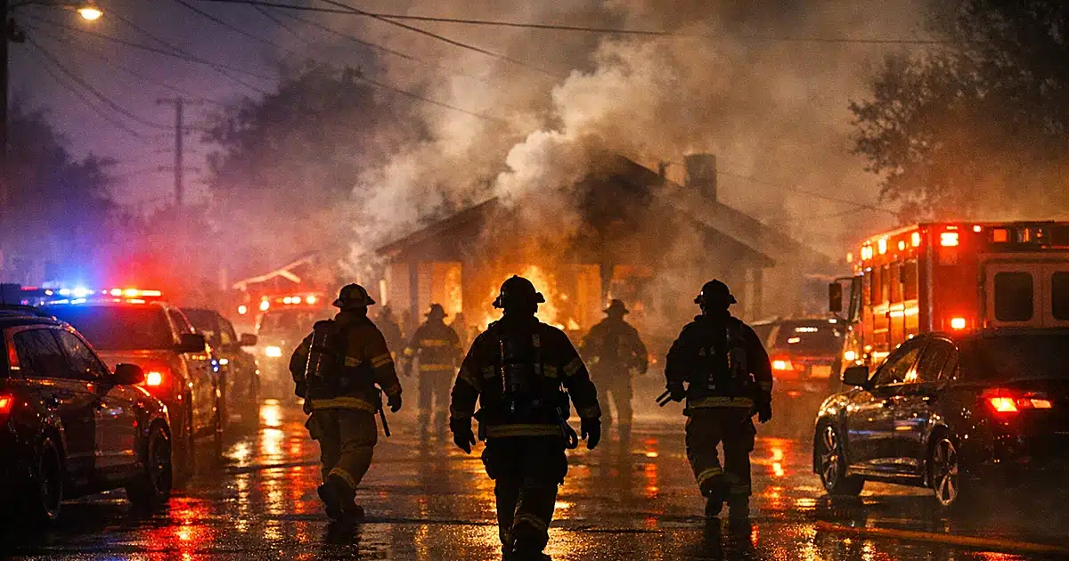 Emergency vehicle lights reflecting on wet residential street at night with firefighter silhouettes in smoke