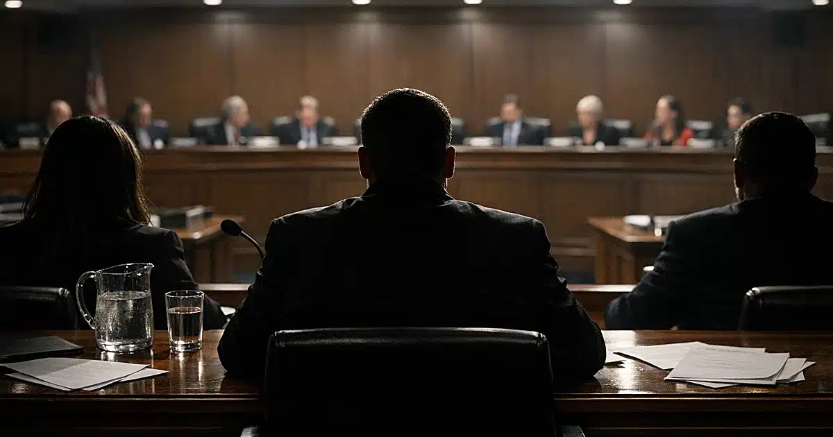 Congressional hearing room interior with silhouetted figures at witness table facing empty panel bench