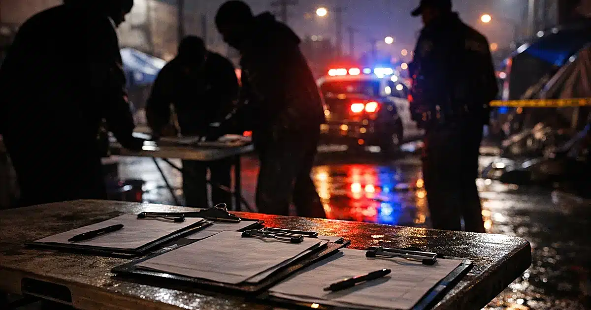 Silhouetted figures around table with clipboards on urban street at night with police lights in background