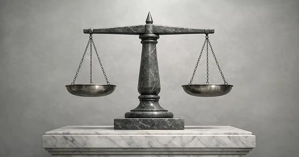 Abstract stone balance scale on marble pedestal with soft lighting representing justice and equilibrium