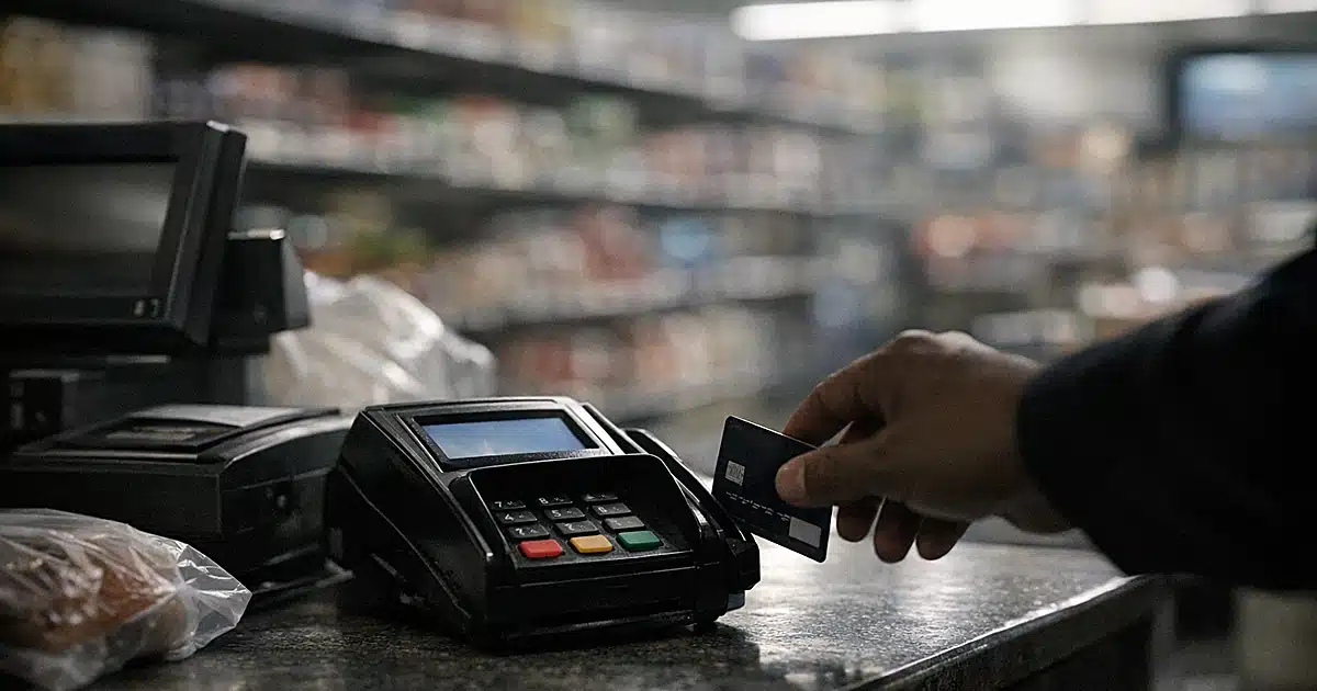 Grocery store checkout counter with card payment terminal and silhouetted hand reaching toward reader