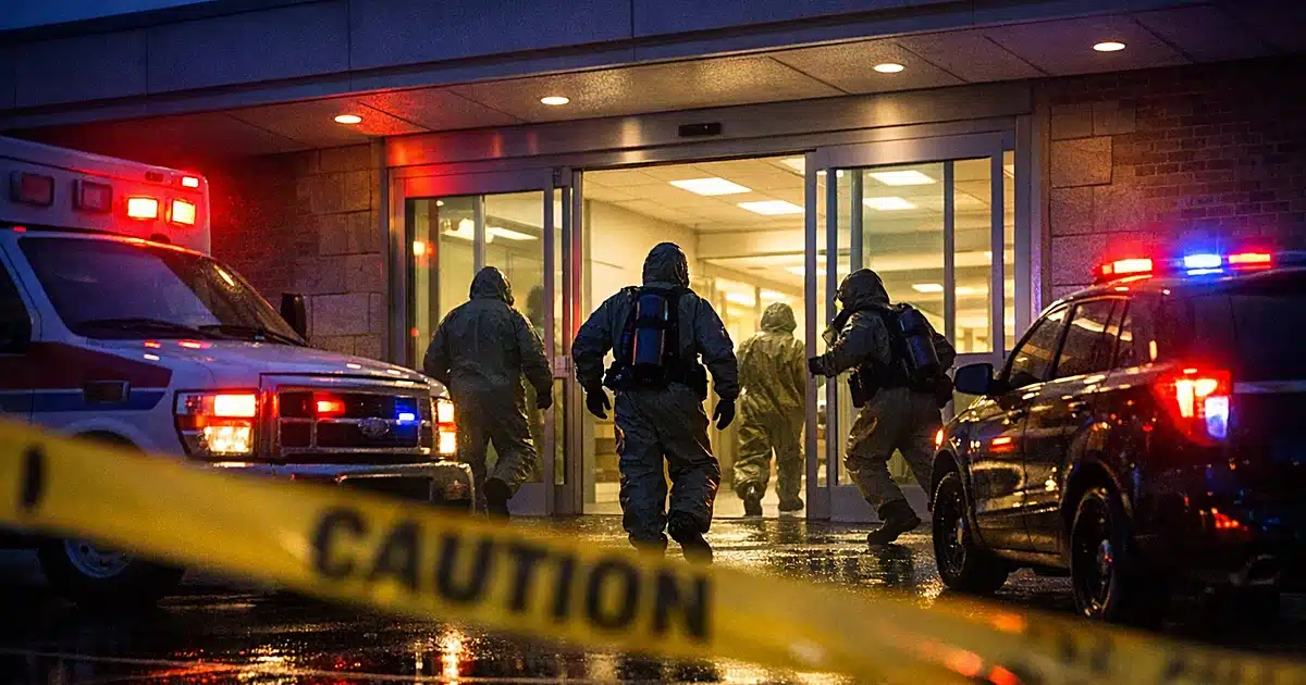 Hazmat-suited figures enter hospital emergency entrance with caution tape and emergency lights at dusk
