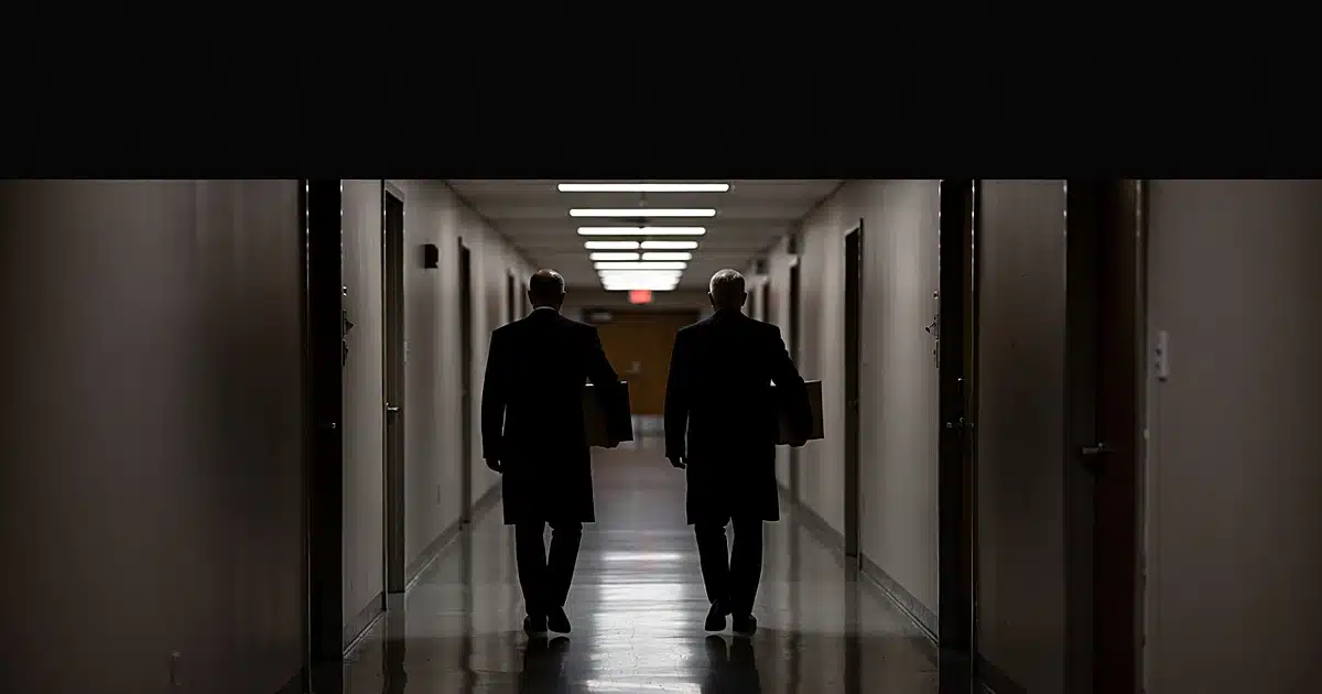 Two silhouetted figures carrying boxes walk down an FBI corridor toward exit, shot from behind in dramatic lighting