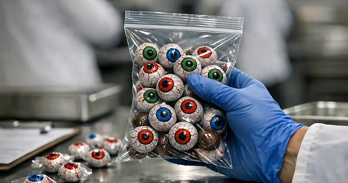 Hand in glove holding bag of chocolate eyeball candies on inspection table during quality control review