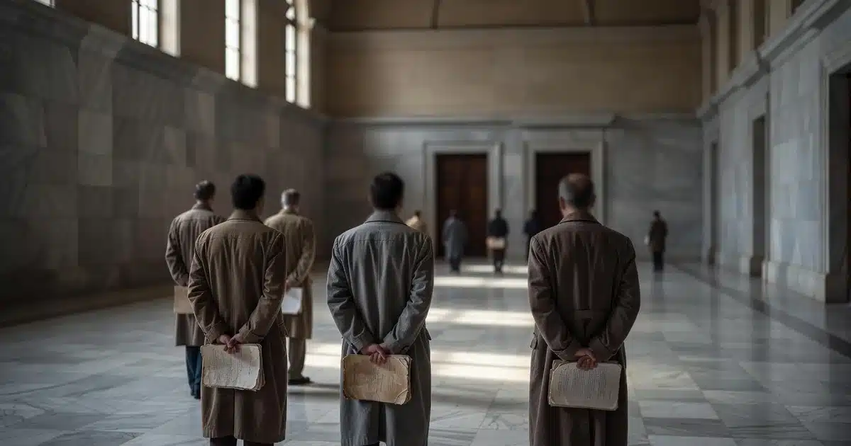 Figures seen from behind holding folders in a marble government hall