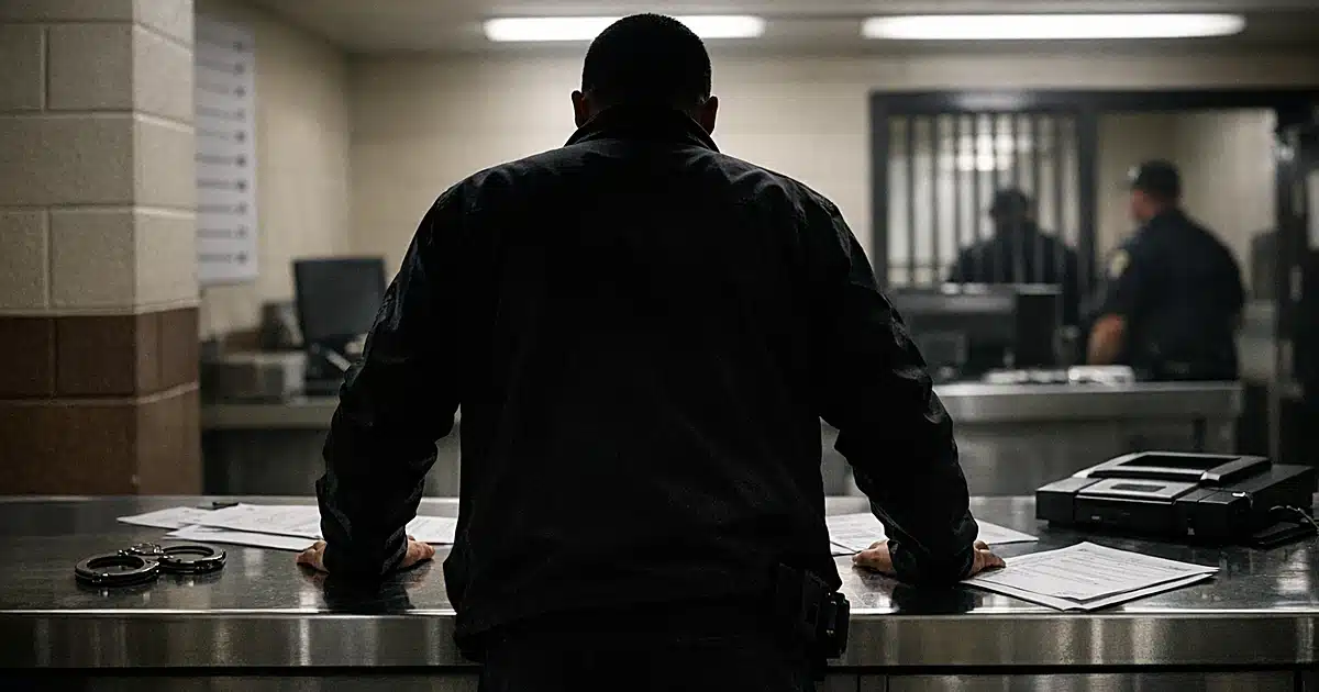 Federal courthouse booking station with silhouetted figure at processing counter under fluorescent lighting