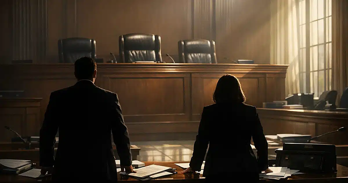 Federal appeals courtroom interior with empty judicial bench and silhouetted attorneys at counsel tables