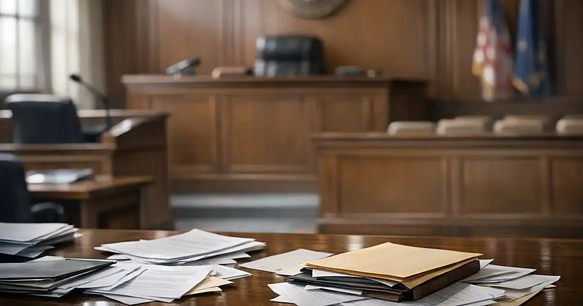 Empty federal courtroom with scattered legal documents on table after case dismissal