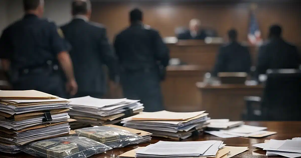 Federal courtroom evidence table with stacks of legal documents and case files under fluorescent lighting