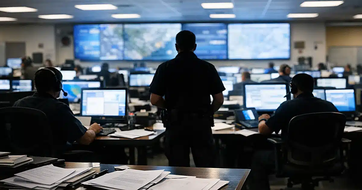 FEMA emergency operations center with silhouetted workers at illuminated workstations during active operations