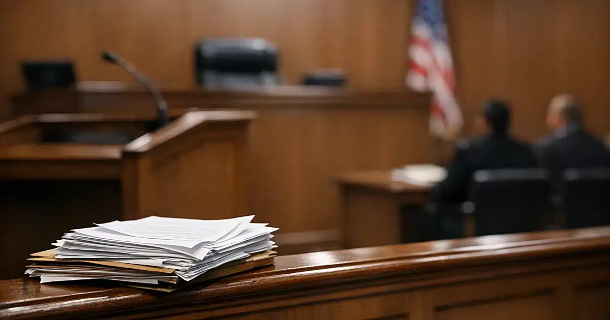 Empty courthouse witness stand with legal documents on wooden rail in North Carolina civil court