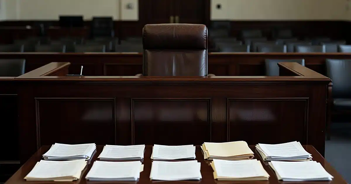 Empty federal courtroom with judge's bench and scattered legal documents on table in foreground