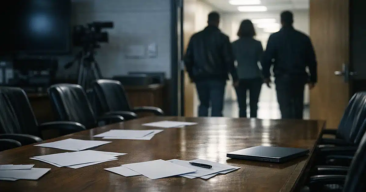 Empty military press room with scattered documents on table and silhouetted figures departing through doorway