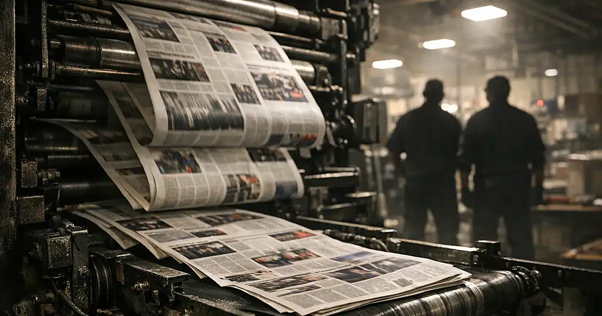 Military newspaper printing press in operation with workers silhouetted in background monitoring production