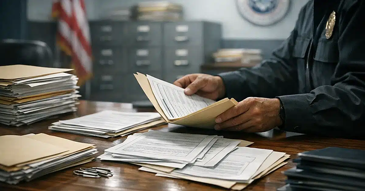 Federal immigration office desk with citizenship application documents being reviewed by silhouetted officer