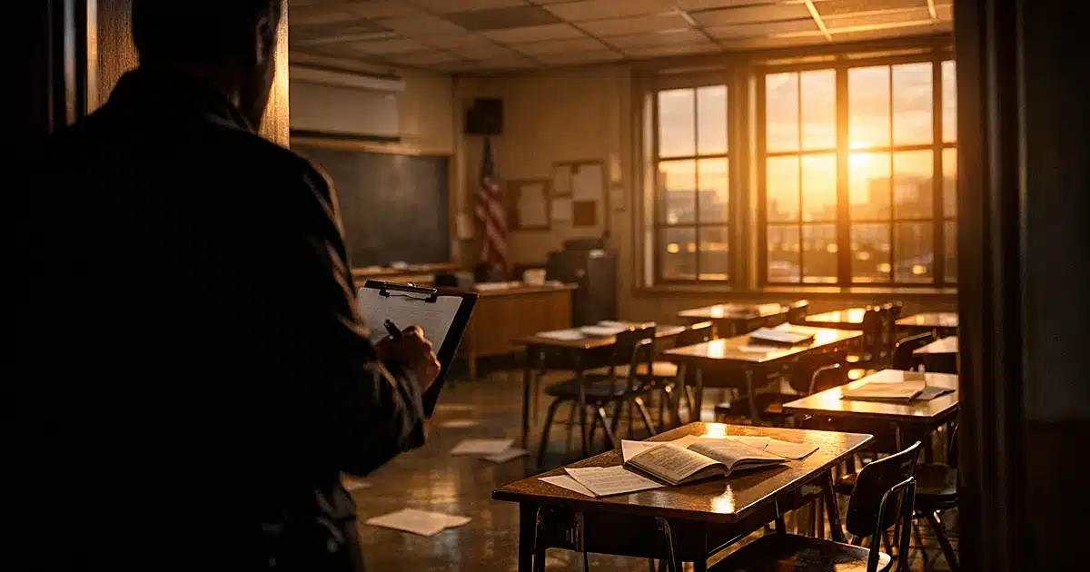 Empty public school classroom at dusk with abandoned desks and silhouetted administrator reviewing documents in doorway