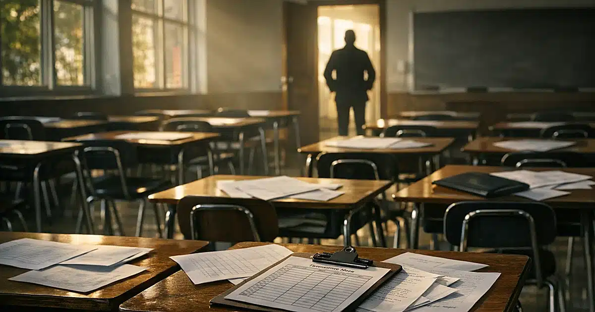 Empty classroom with rows of desks and scattered papers, silhouetted figure in doorway, afternoon light through windows