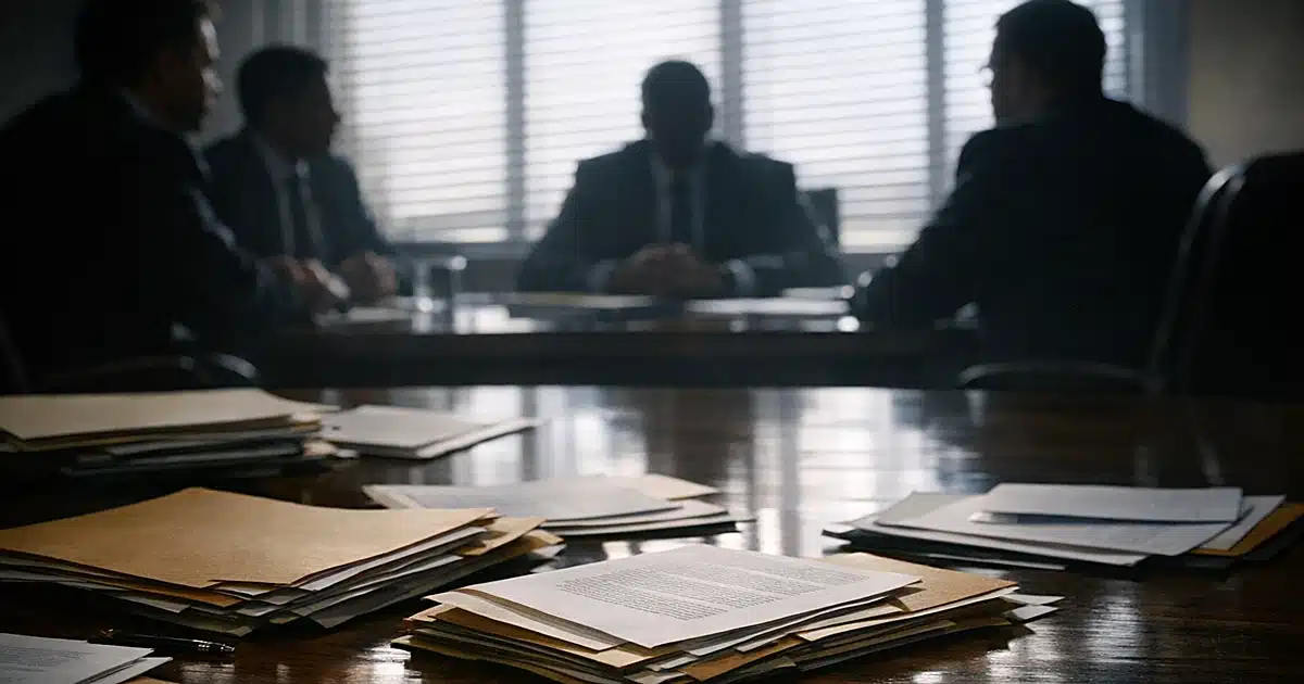 Federal investigators meeting across conference table with legal documents in government office setting