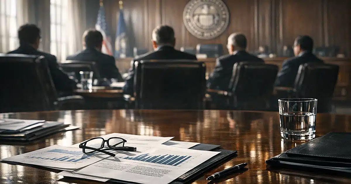 Federal Reserve boardroom table with documents and silhouetted figures in dark suits during policy meeting