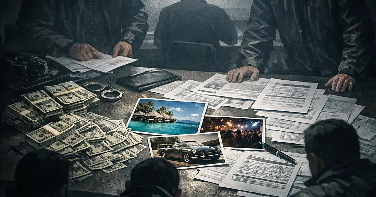 Overhead view of desk with cash, luxury brochures, and documents as silhouetted investigators examine evidence