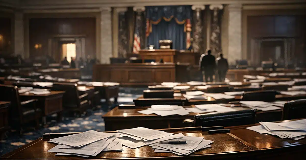 Interior of Senate chamber with empty desks and scattered papers after a close vote