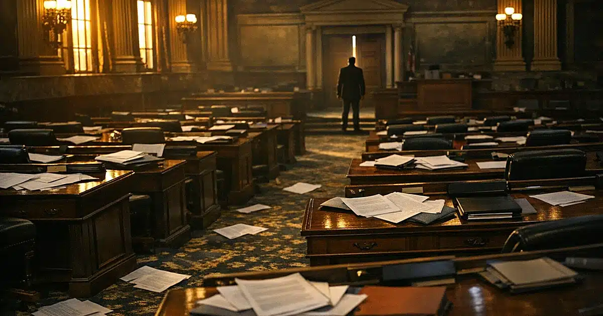 Empty legislative chamber with scattered papers on desks and lone silhouetted figure standing at far end in dramatic lighting