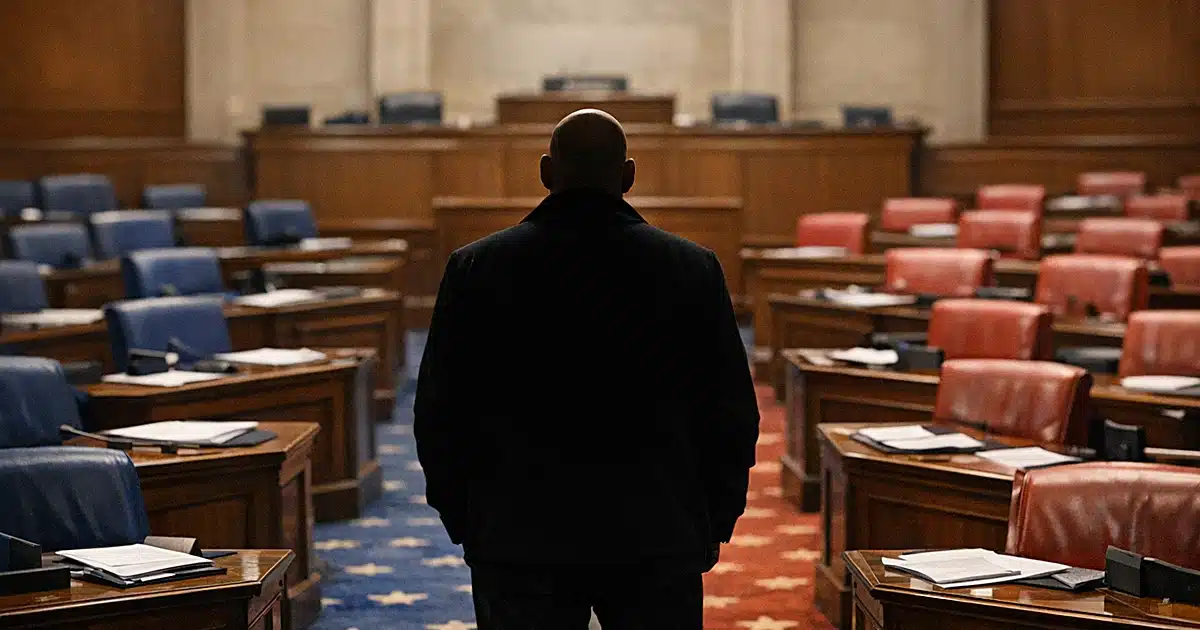 Silhouetted figure standing in aisle between empty Democratic and Republican legislative chamber seating sections